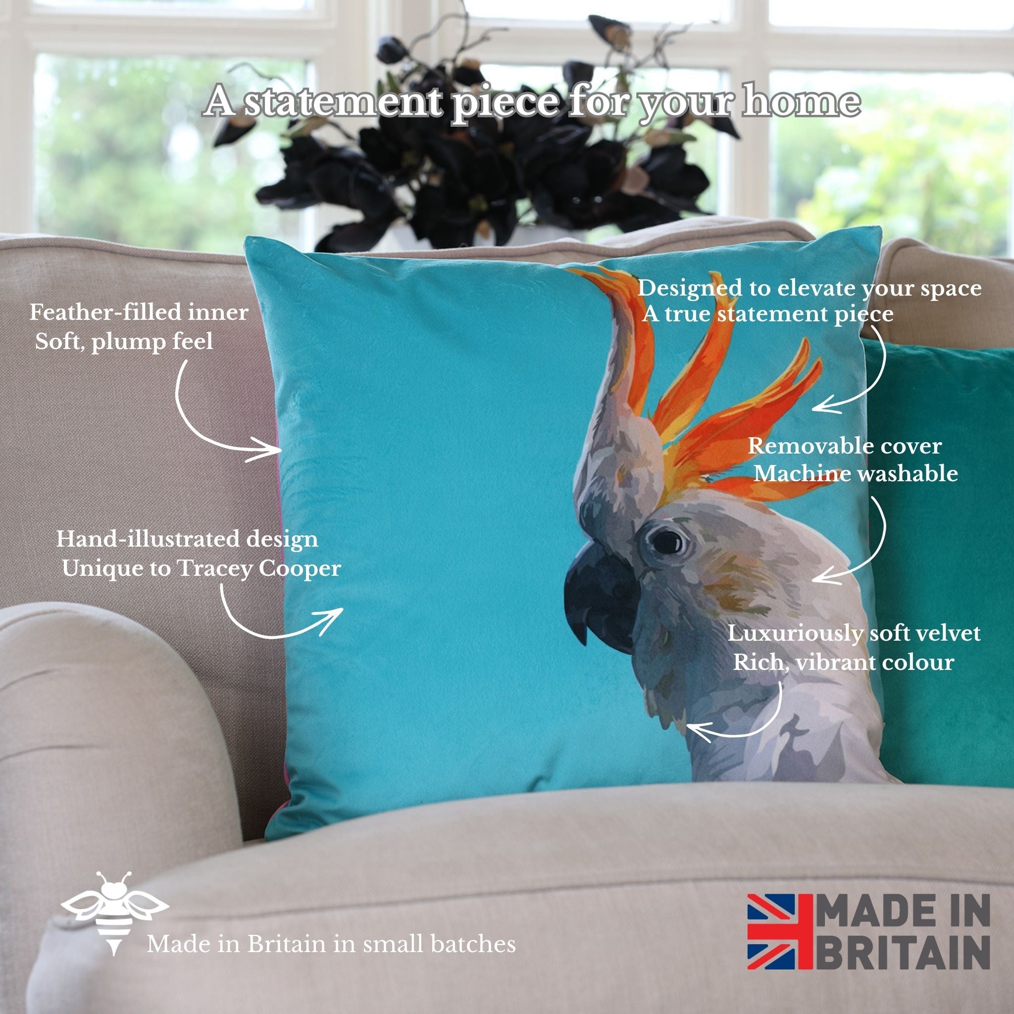 Turquoise pillow with cockatoo design on a sofa, featuring text about product details.