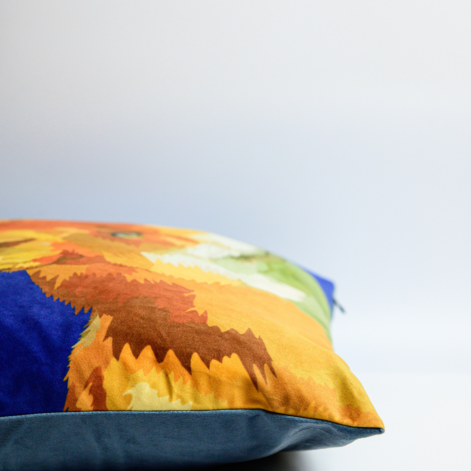 Fox velvet cushion with hand-illustrated British countryside design by Tracey Cooper Homeware side view