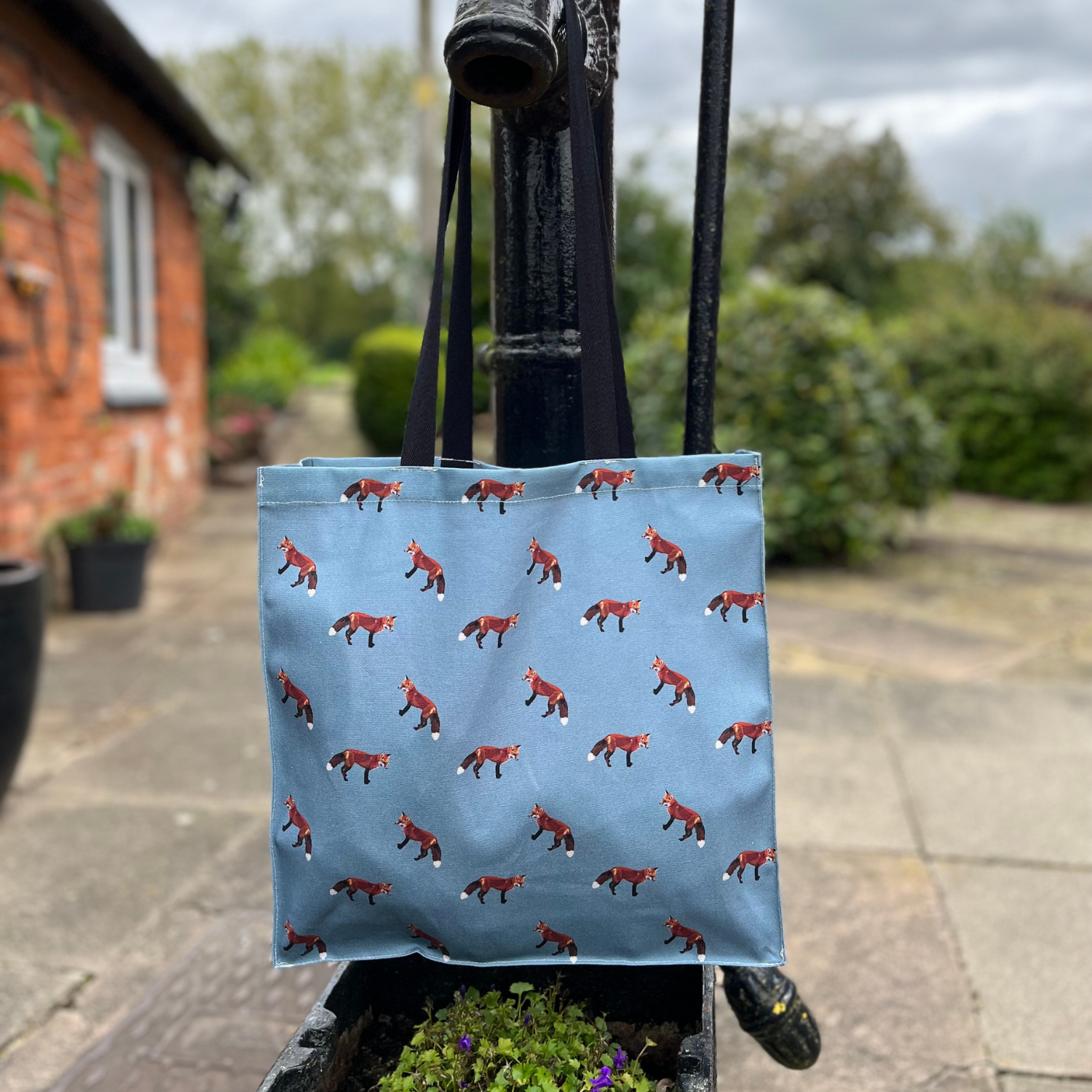 fox tote bag with repeat fox pattern on back