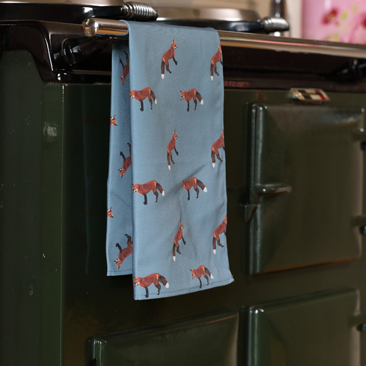Hand-illustrated Fox Tea Towel by Tracey Cooper — 100% cotton, printed in the UK, featuring a detailed countryside fox design.