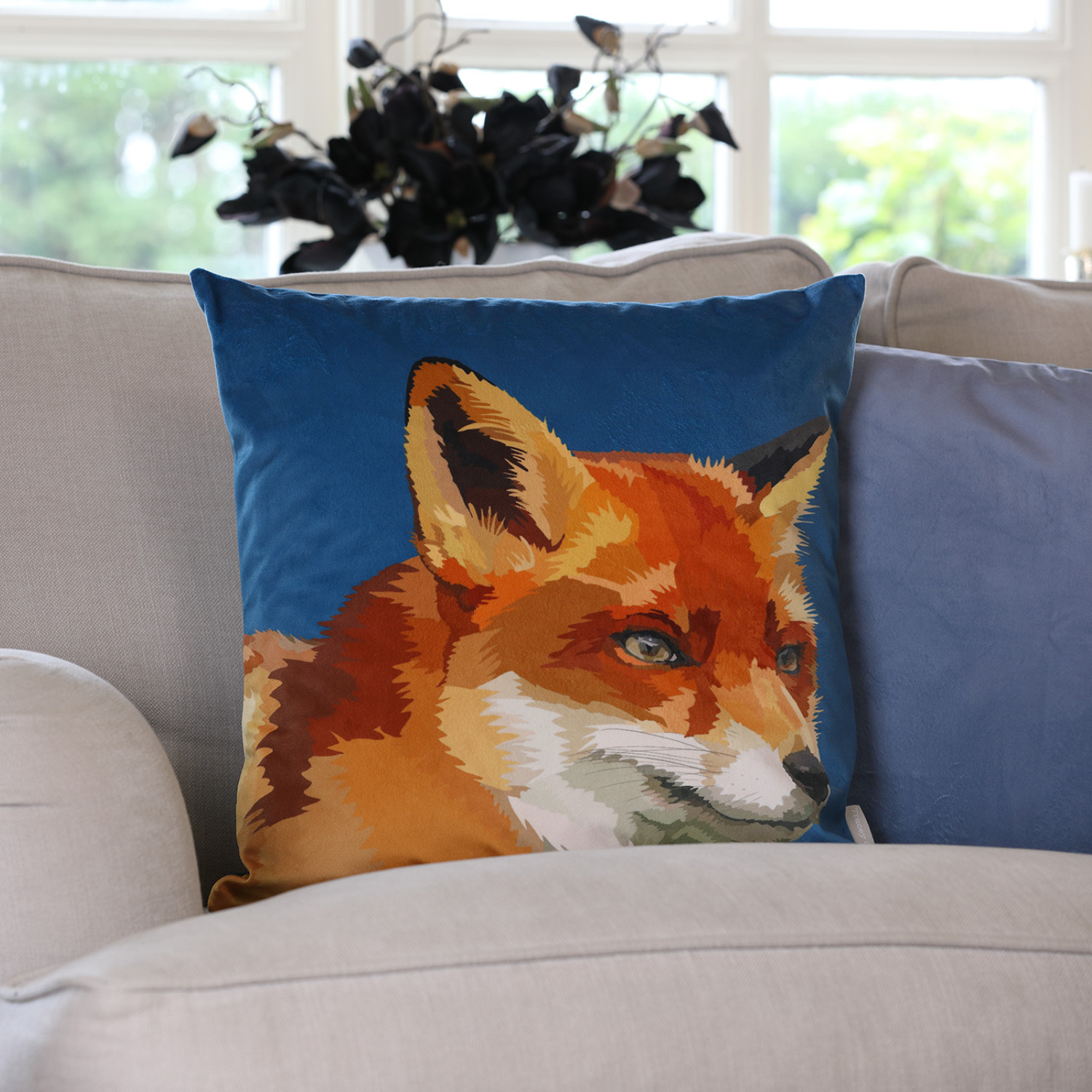 Fox velvet cushion with hand-illustrated British countryside design by Tracey Cooper Homeware