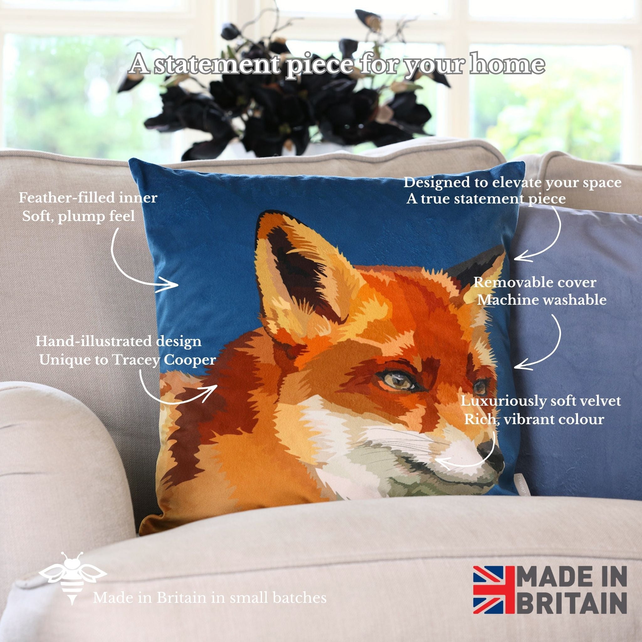 Decorative pillow with fox design on a sofa, featuring text about product features and 'Made in Britain' label.
