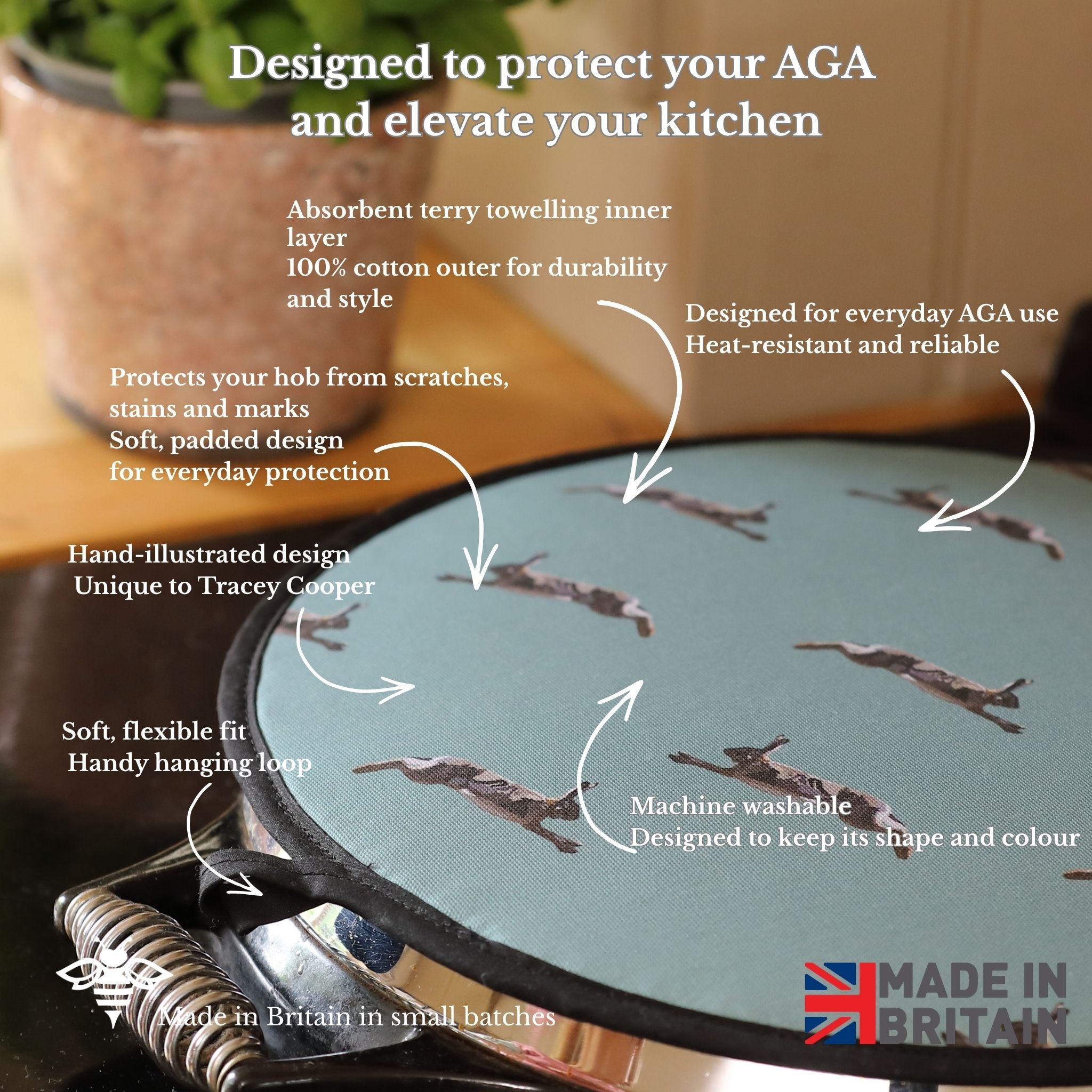 Hare Aga Cover with text detailing features and benefits, placed on a kitchen counter.