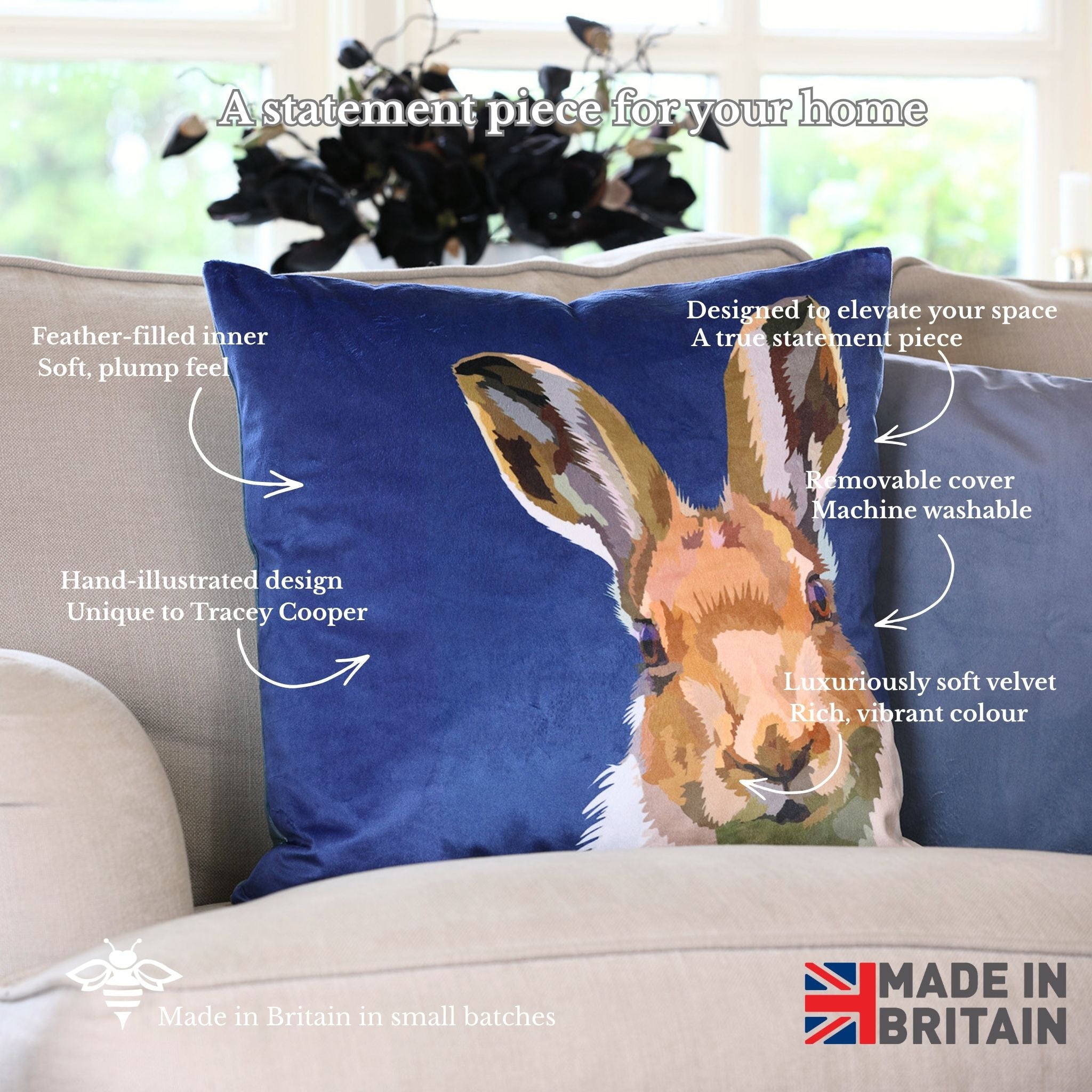 Decorative pillow with a rabbit design on a sofa, featuring text about its features.