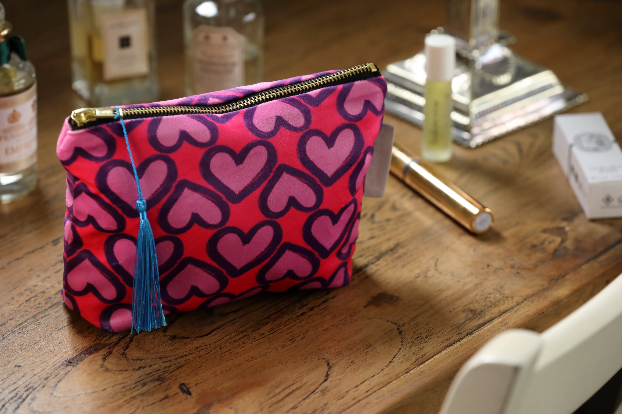 Velvet Make up bag with pink hearts and blue tassle