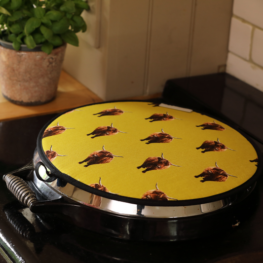 Hand-illustrated Highland Cow hob cover designed for Aga cookers by Tracey Cooper
