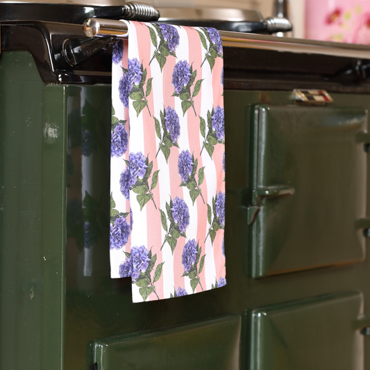Hand-illustrated Hydrangea Candy Stripe Tea Towel by Tracey Cooper — 100% cotton, printed in the UK, featuring a floral motif with candy stripes.