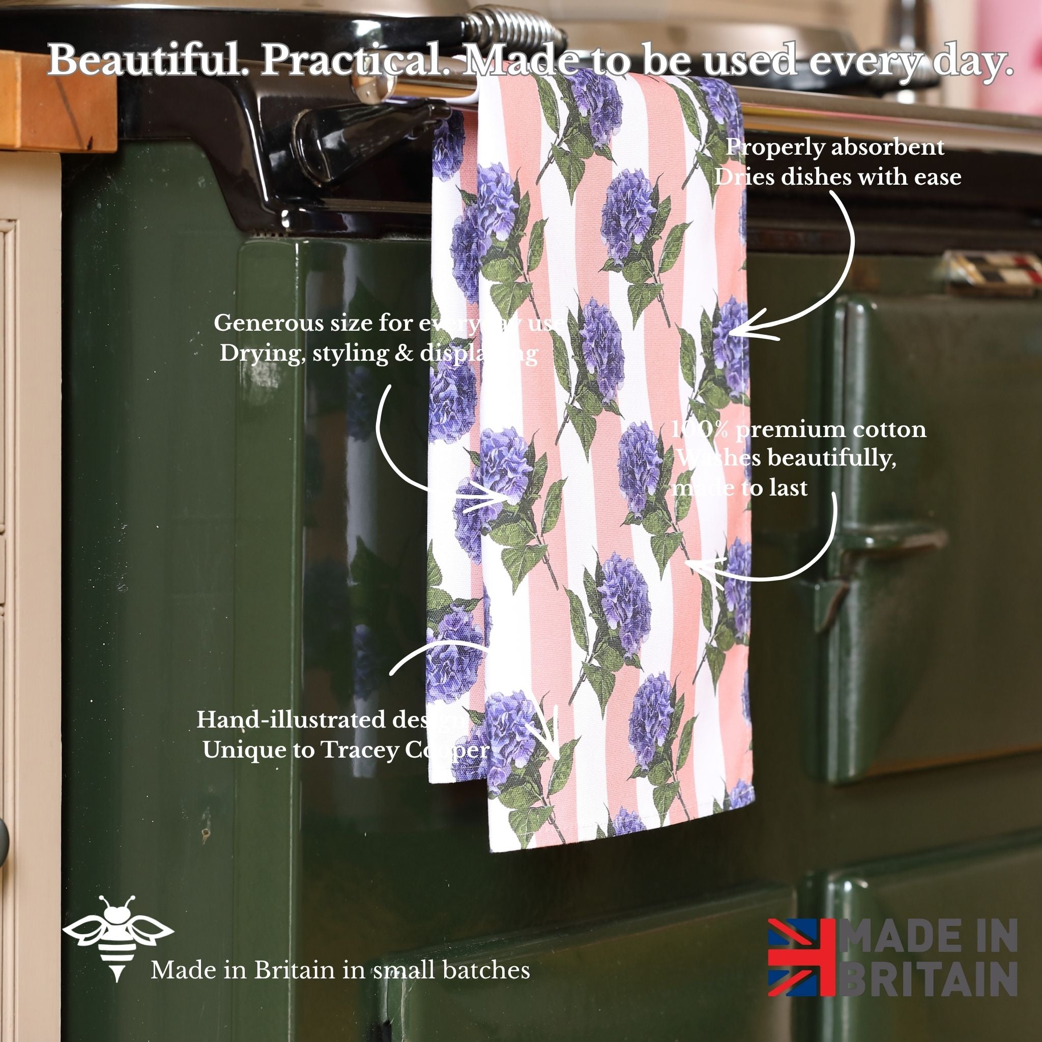 Floral patterned towel hanging on a kitchen appliance with text describing its features.