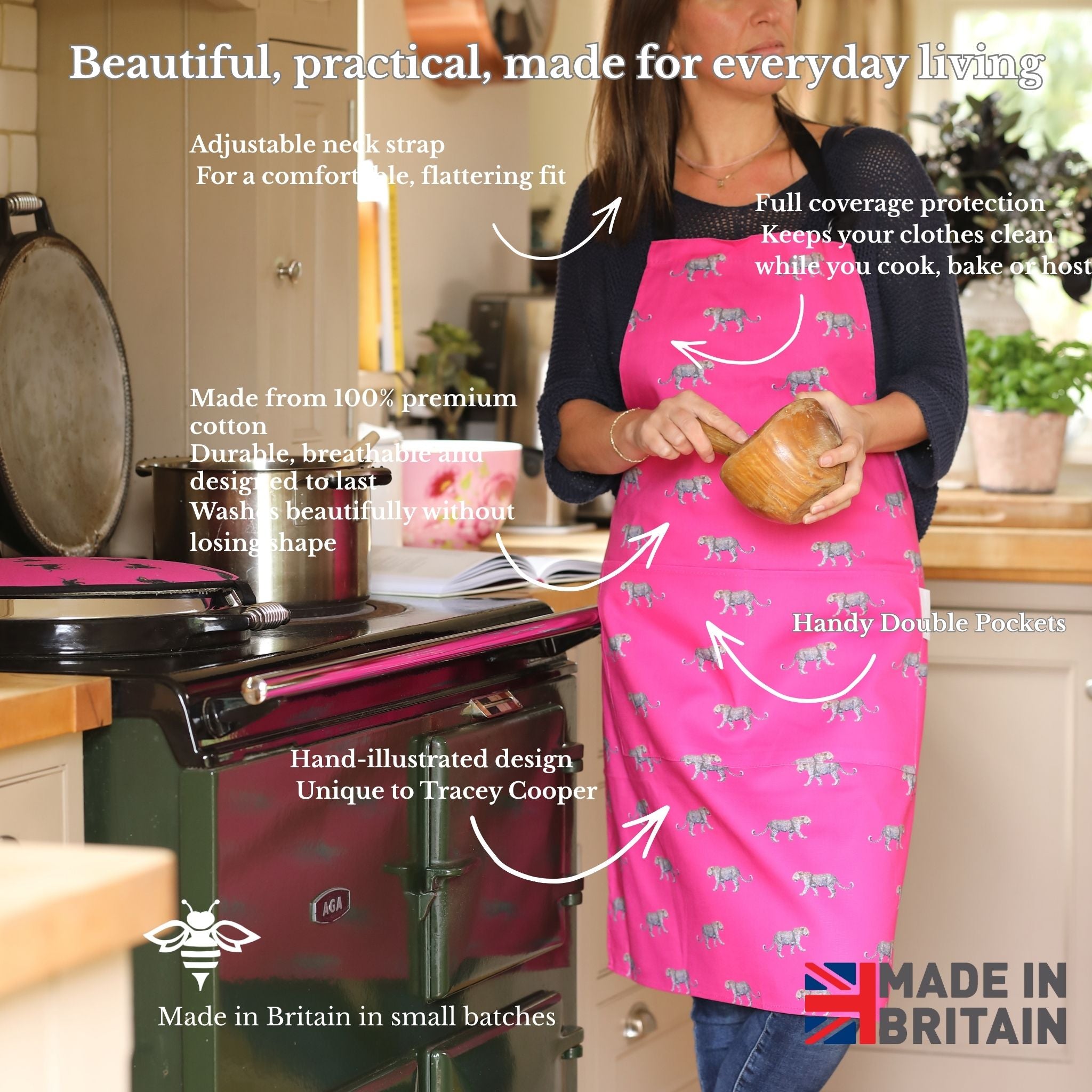 Hand-illustrated Leopard Apron by Tracey Cooper — 100% cotton, printed in the UK, featuring a detailed Leopard design on pink with pockets.