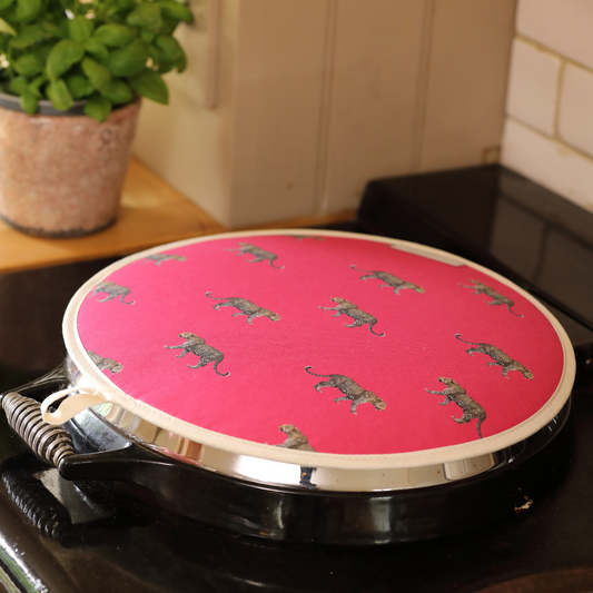 Hand-illustrated leopard hob cover designed for Aga cookers by Tracey Cooper