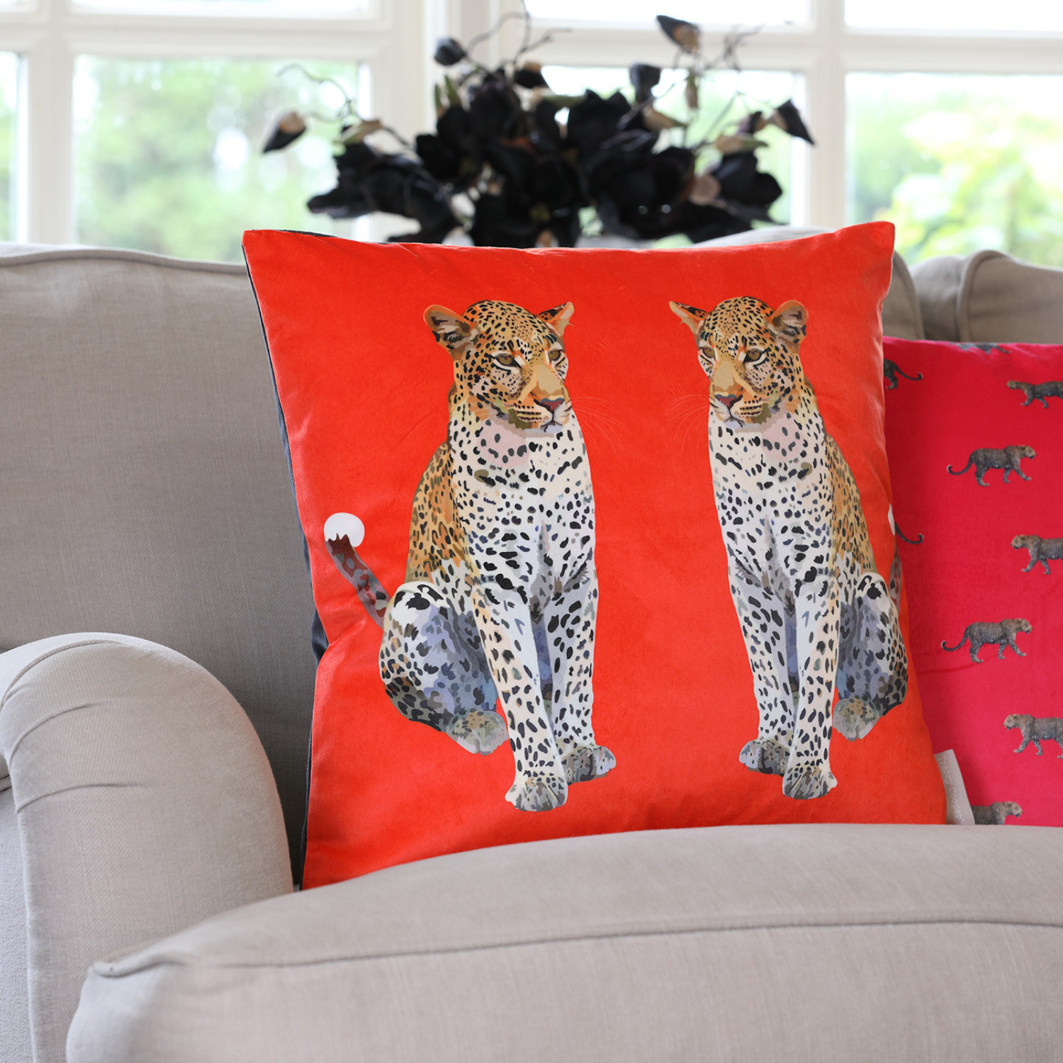 Leopard velvet cushion with hand-illustrated leopard design by Tracey Cooper
