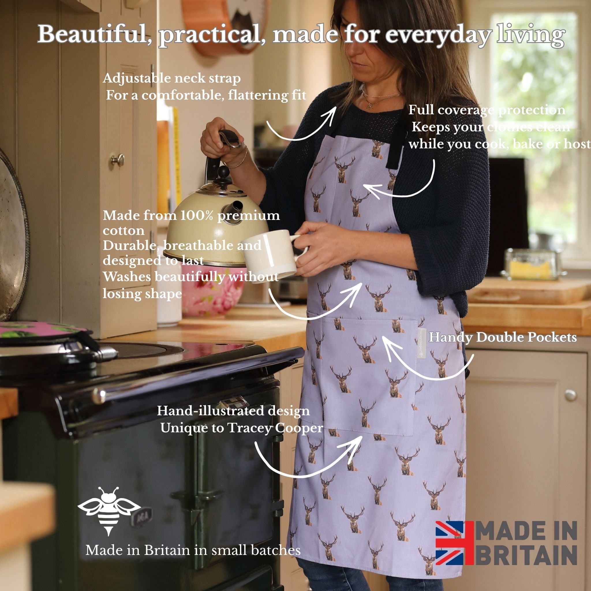 Woman wearing a deer-patterned apron in a kitchen with text highlighting features.