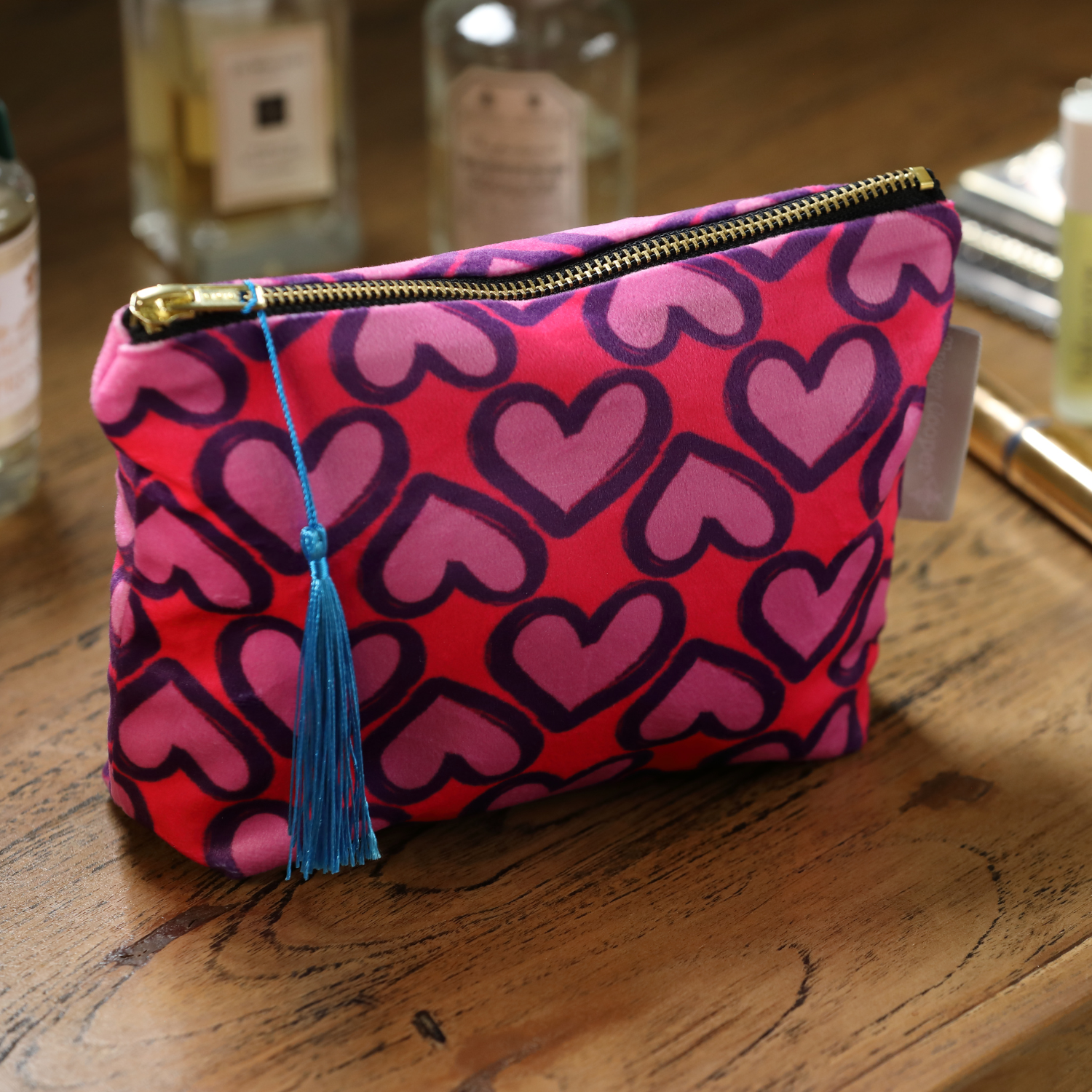 Pink hearts velvet makeup bag with hand-illustrated design by Tracey Cooper Homeware