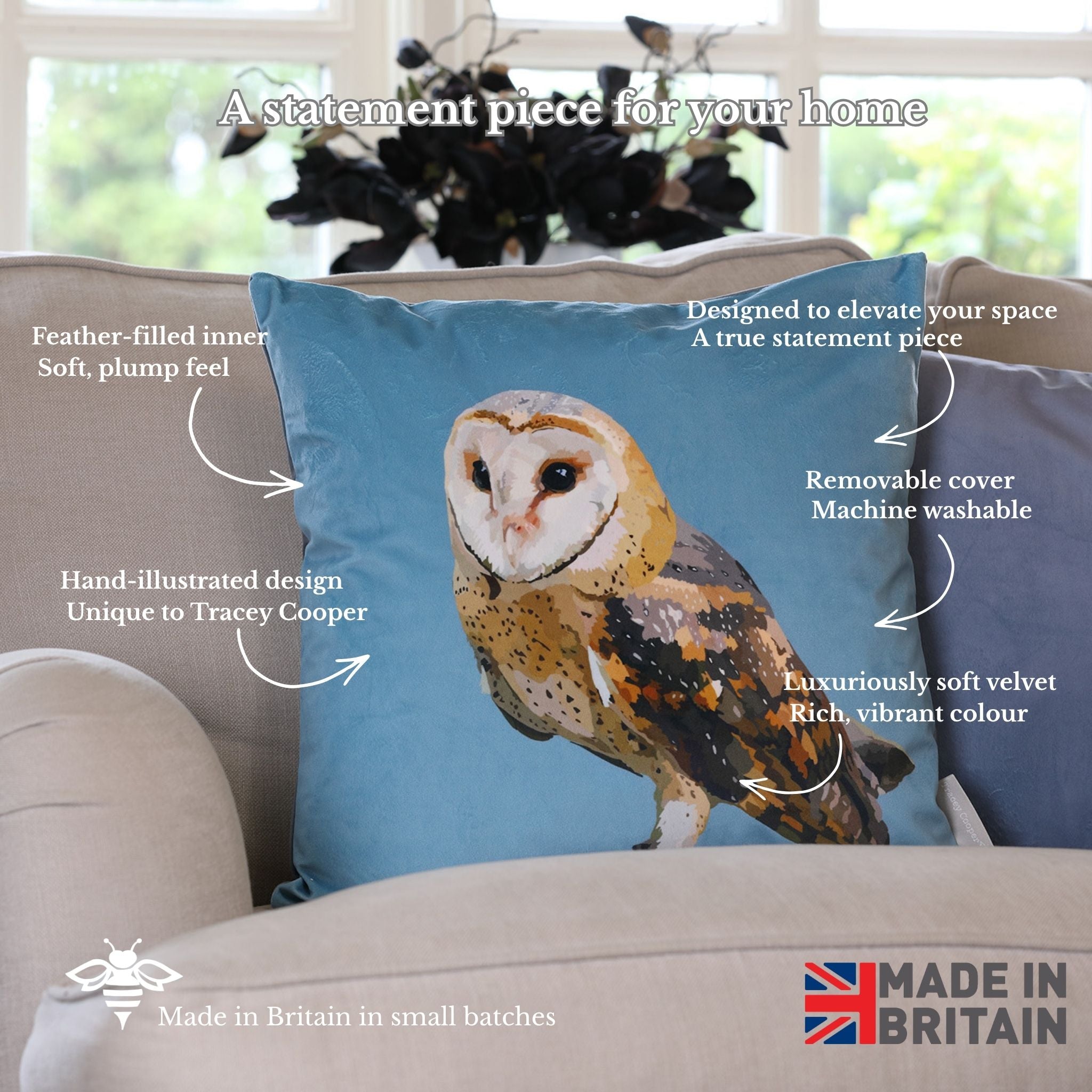 Decorative pillow with owl design on a sofa, featuring text about product features and 'Made in Britain' label.