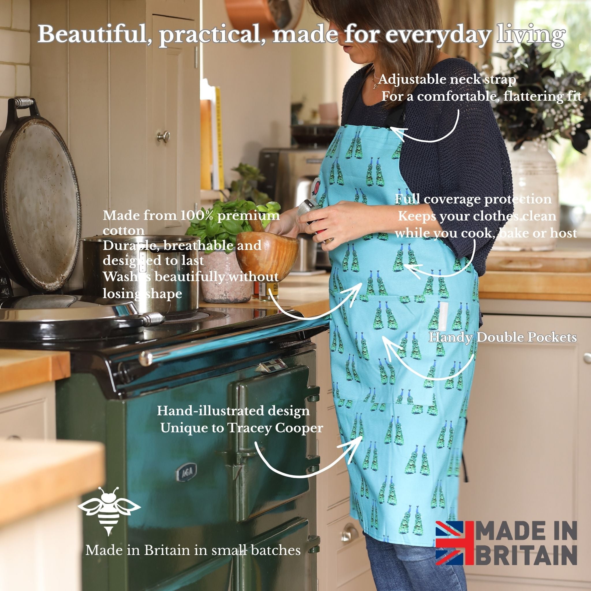 Hand-illustrated Peacock Apron by Tracey Cooper — 100% cotton, printed in the UK, featuring a detailed Peacocks design on blue with pockets.