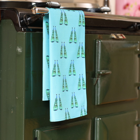 Hand-illustrated Peacock Tea Towel by Tracey Cooper — 100% cotton, printed in the UK, featuring elegant peacock feather details in rich colour.