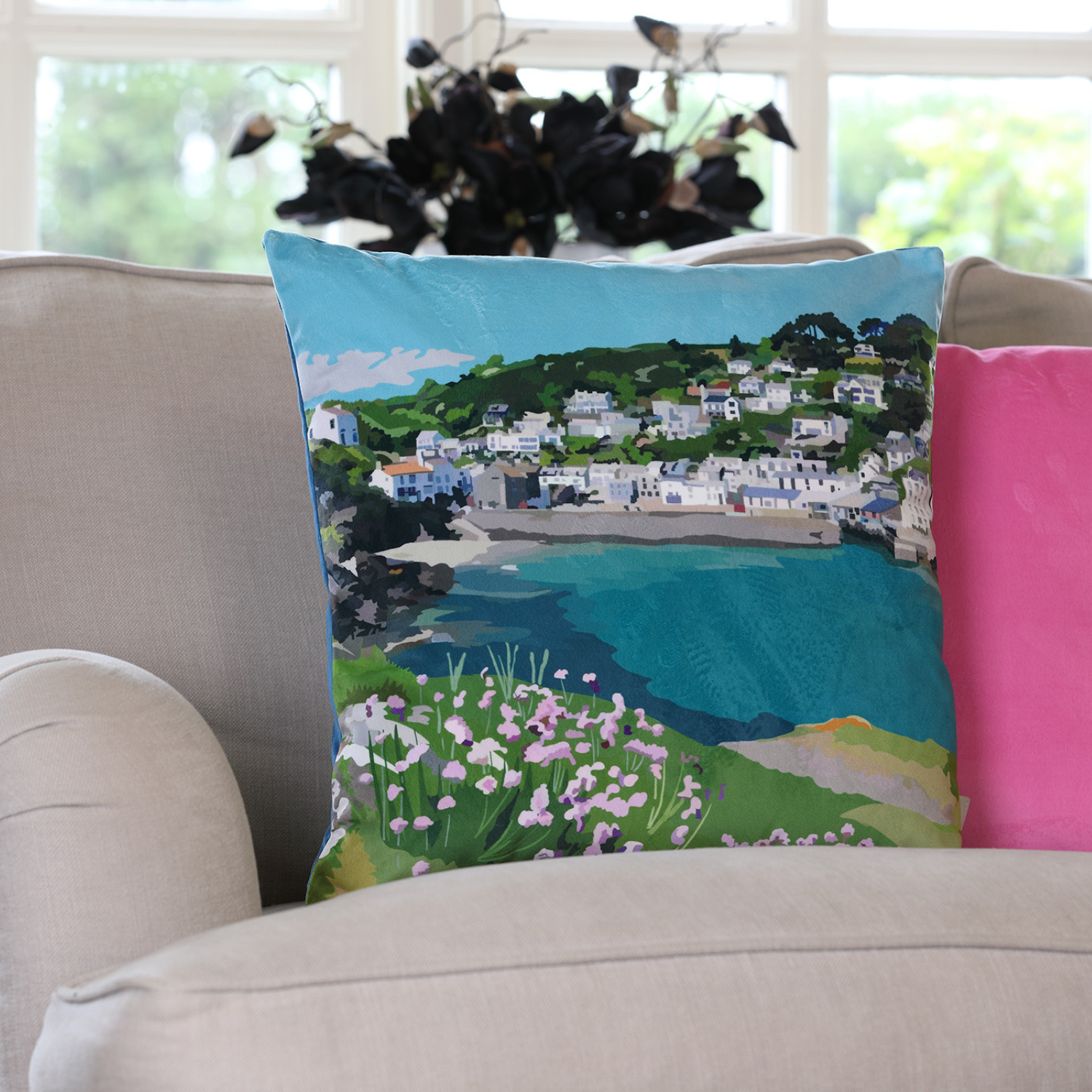 Hand-illustrated Polperro velvet cushion by Tracey Cooper