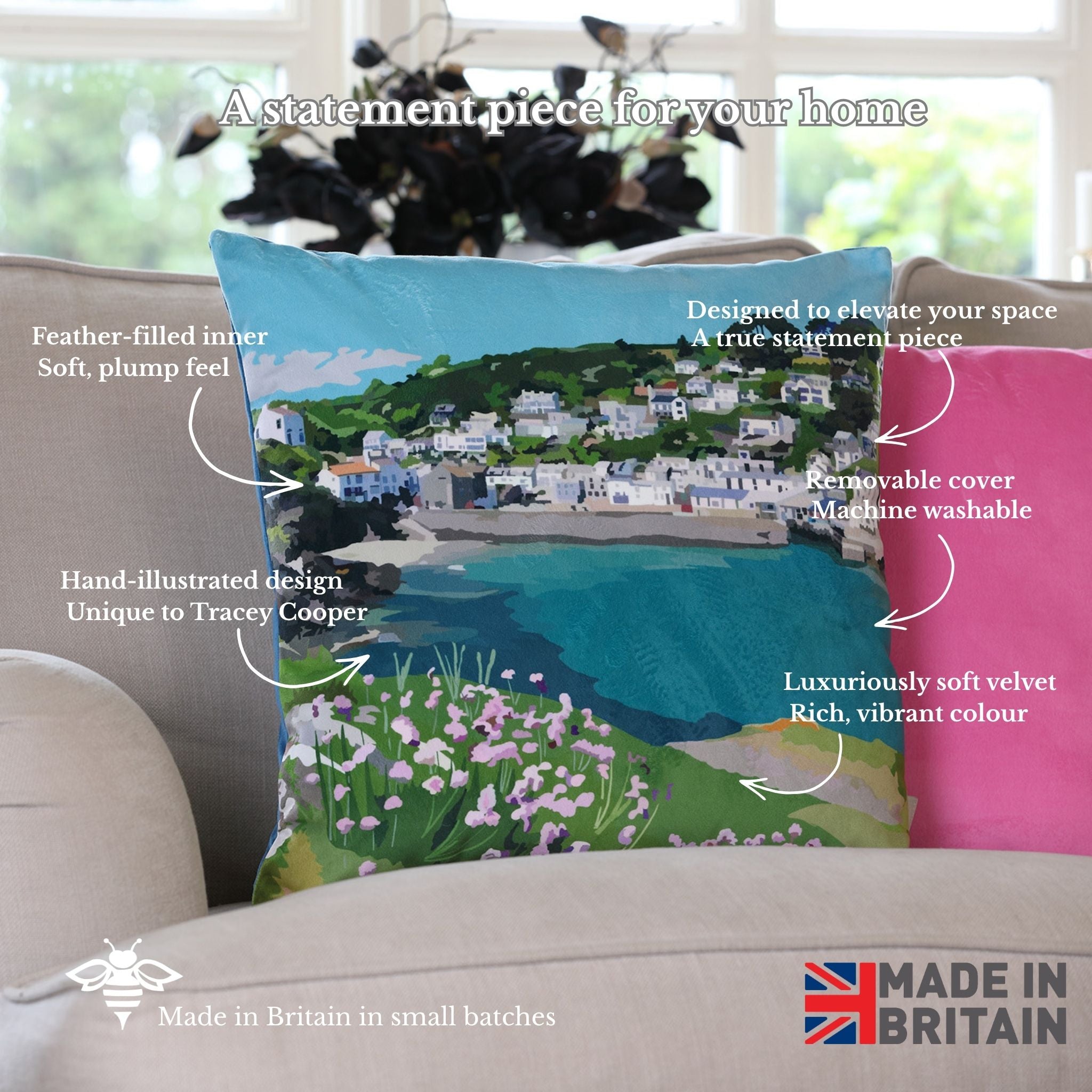 Decorative pillow with a scenic design on a sofa, featuring text about its features and made in Britain label.