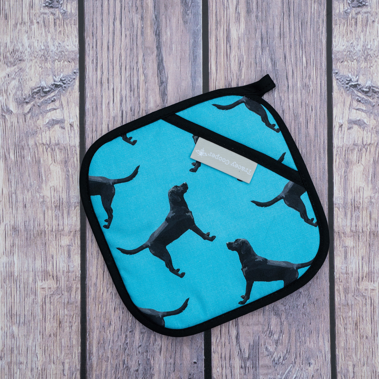 Hand illustrated black labrador pot grab made in England