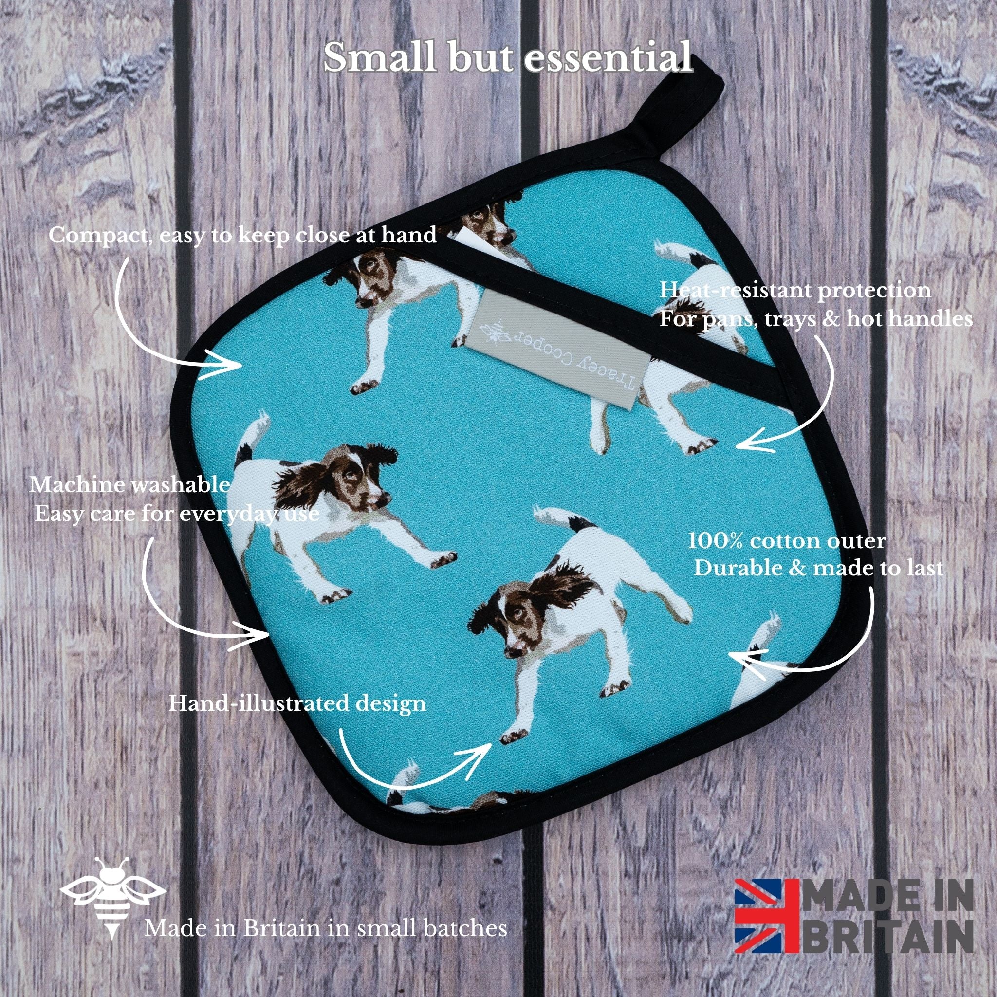 Product packaging with illustrations of a dog and text on a wooden background