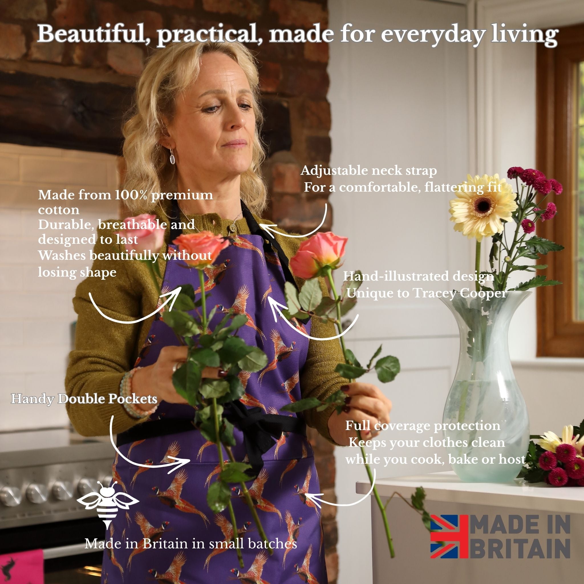 Hand-illustrated Pheasant Apron by Tracey Cooper — 100% cotton, printed in the UK, featuring a detailed Pheasant design on purple with pockets.