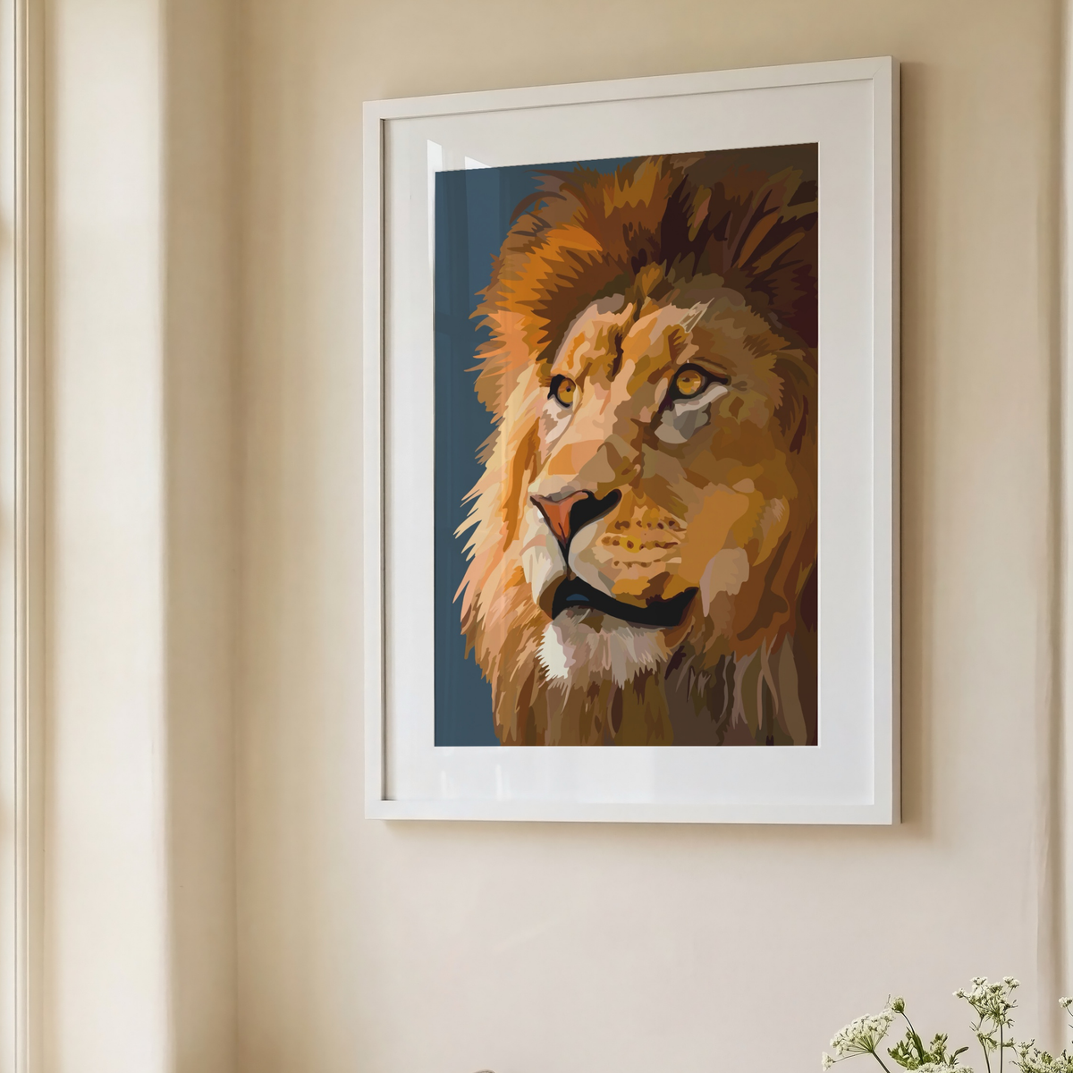 A framed art print of a stylized lion portrait hanging on a beige wall.