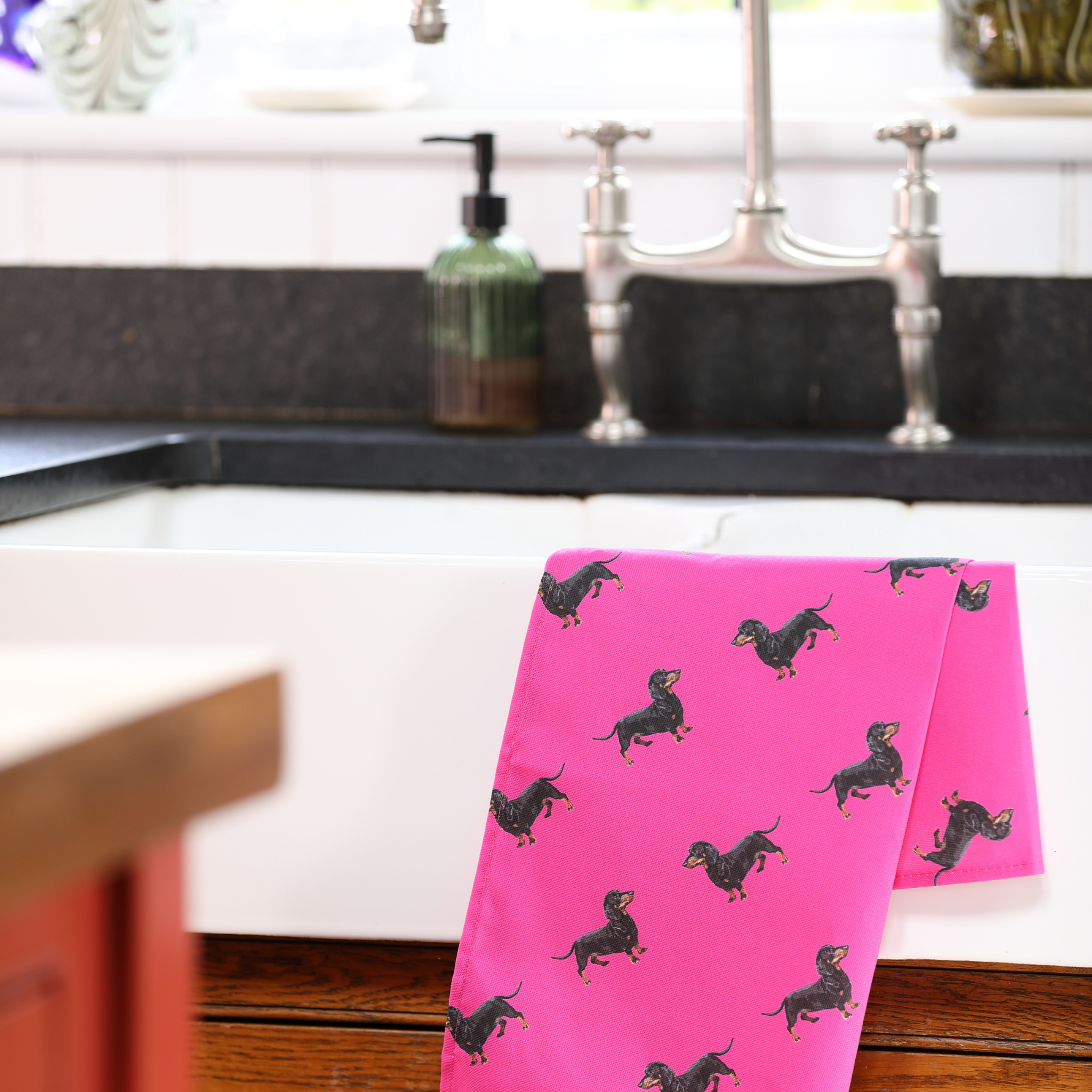 Sausage Dog Tea Towel in Pink