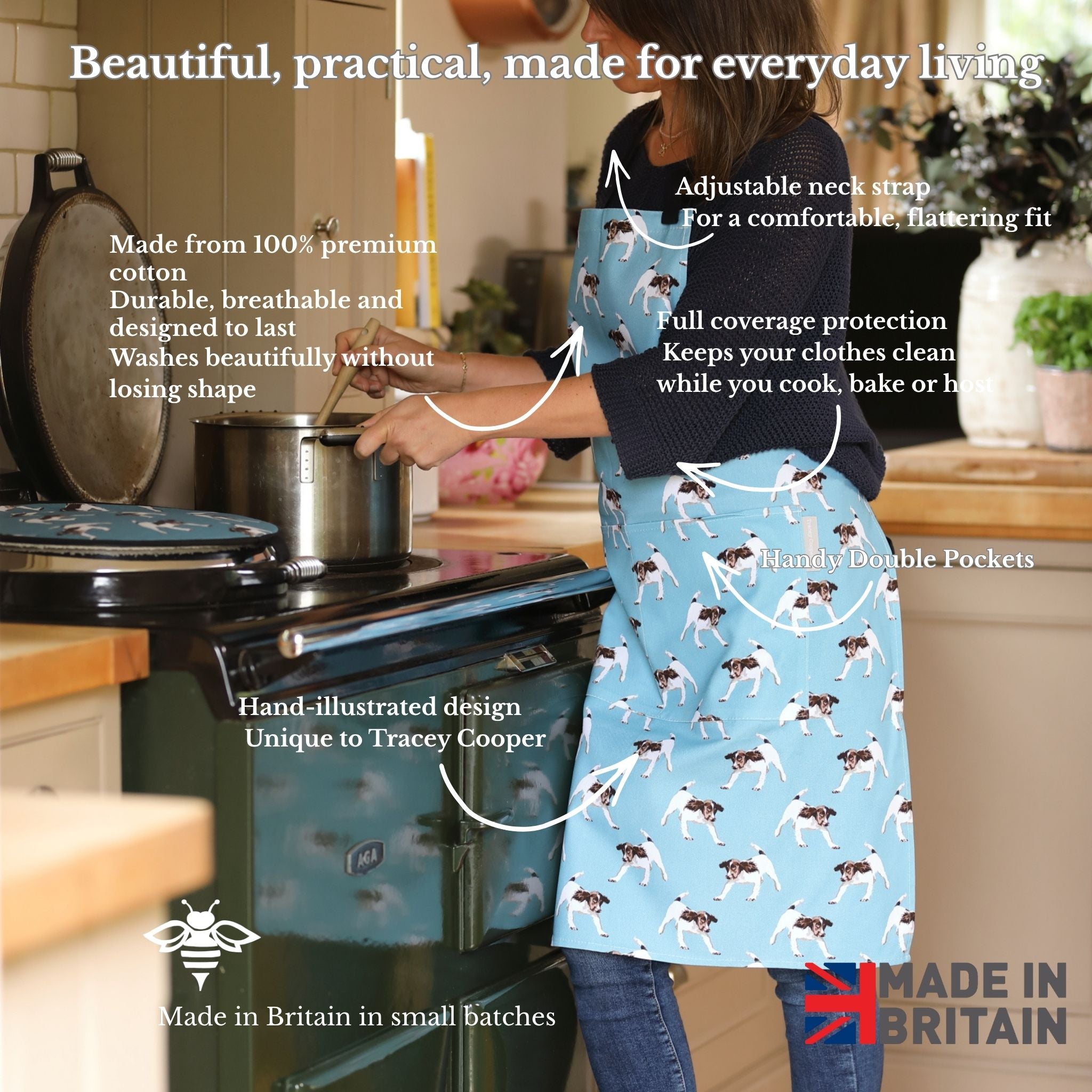Hand-illustrated Springer Apron by Tracey Cooper — 100% cotton, printed in the UK, featuring a detailed springer design on blue with pockets.