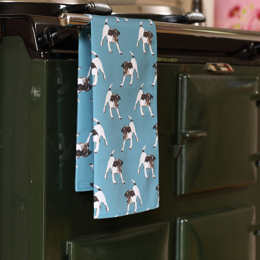 Hand-illustrated Springer Spaniel Tea Towel by Tracey Cooper — inspired by her dog Maisie, 100% cotton, printed in the UK.