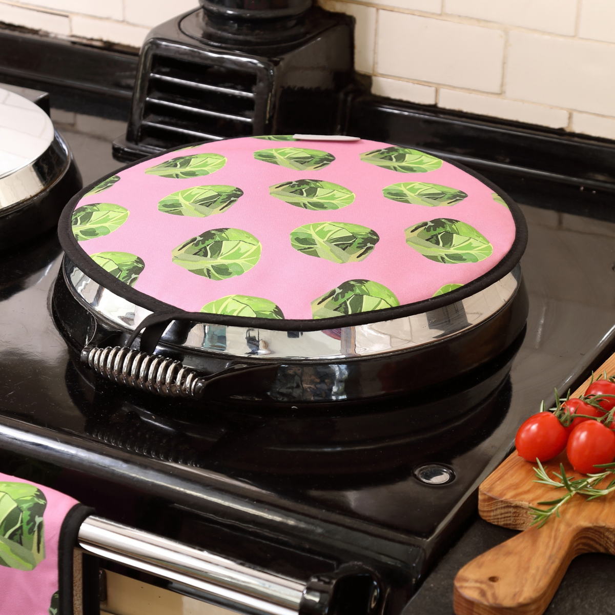 Pink Sprout Aga Cover  with tomatoes on a chopping board