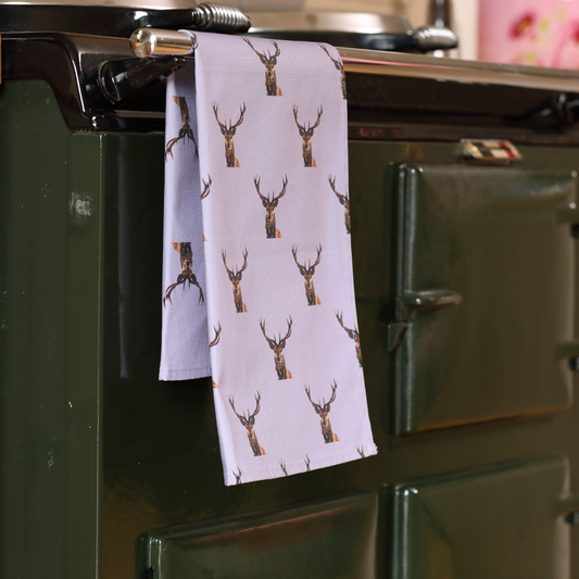 Hand-illustrated Stag Tea Towel by Tracey Cooper — 100% cotton, printed in the UK, featuring a detailed stag design inspired by British wildlife.