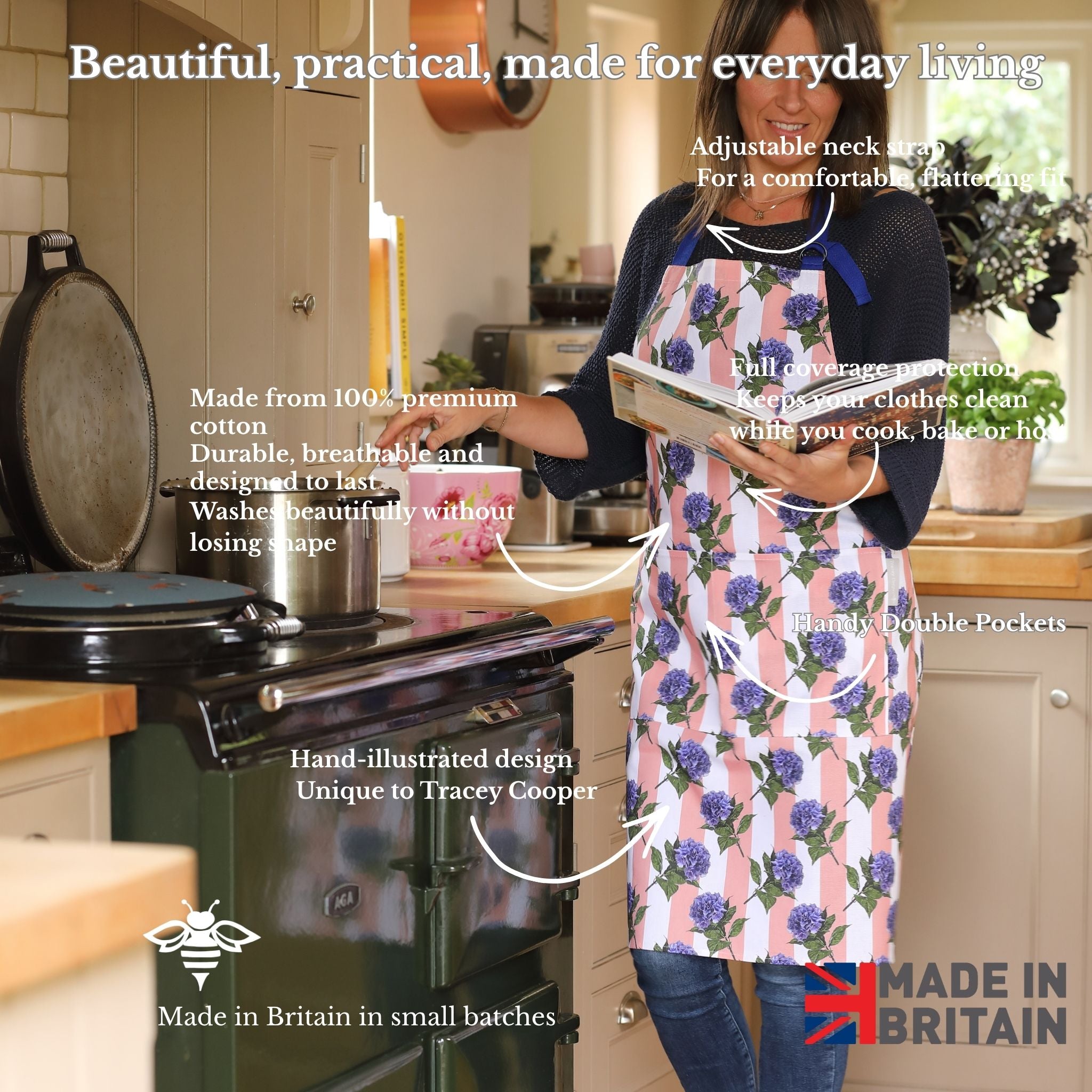 Hand-illustrated Hydrangea Apron by Tracey Cooper — 100% cotton, printed in the UK, featuring a detailed Hydrangea design on pink striped with pockets.
