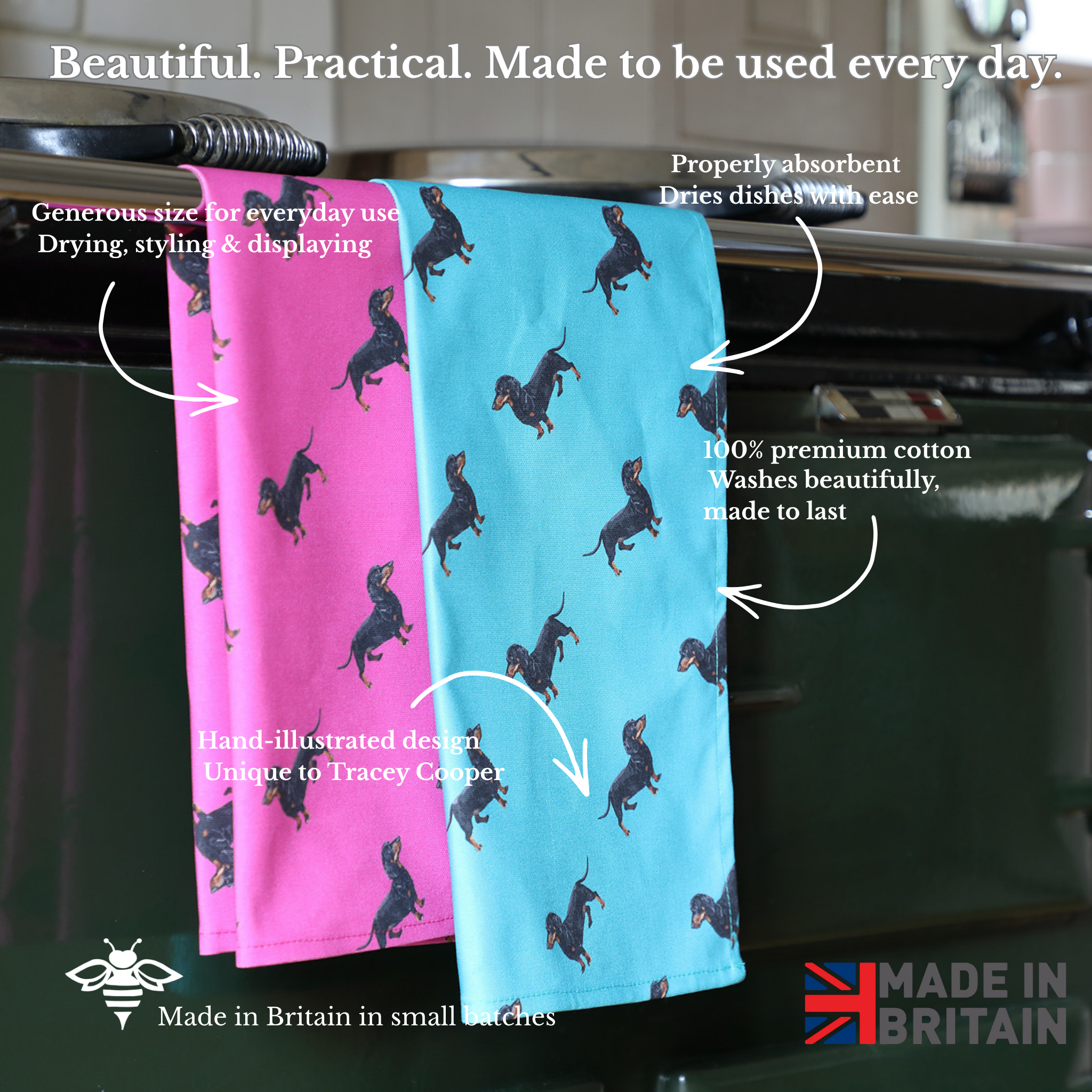 Two towels, one pink and one blue, with dachshund patterns hanging on a rack. Text highlights features and branding.