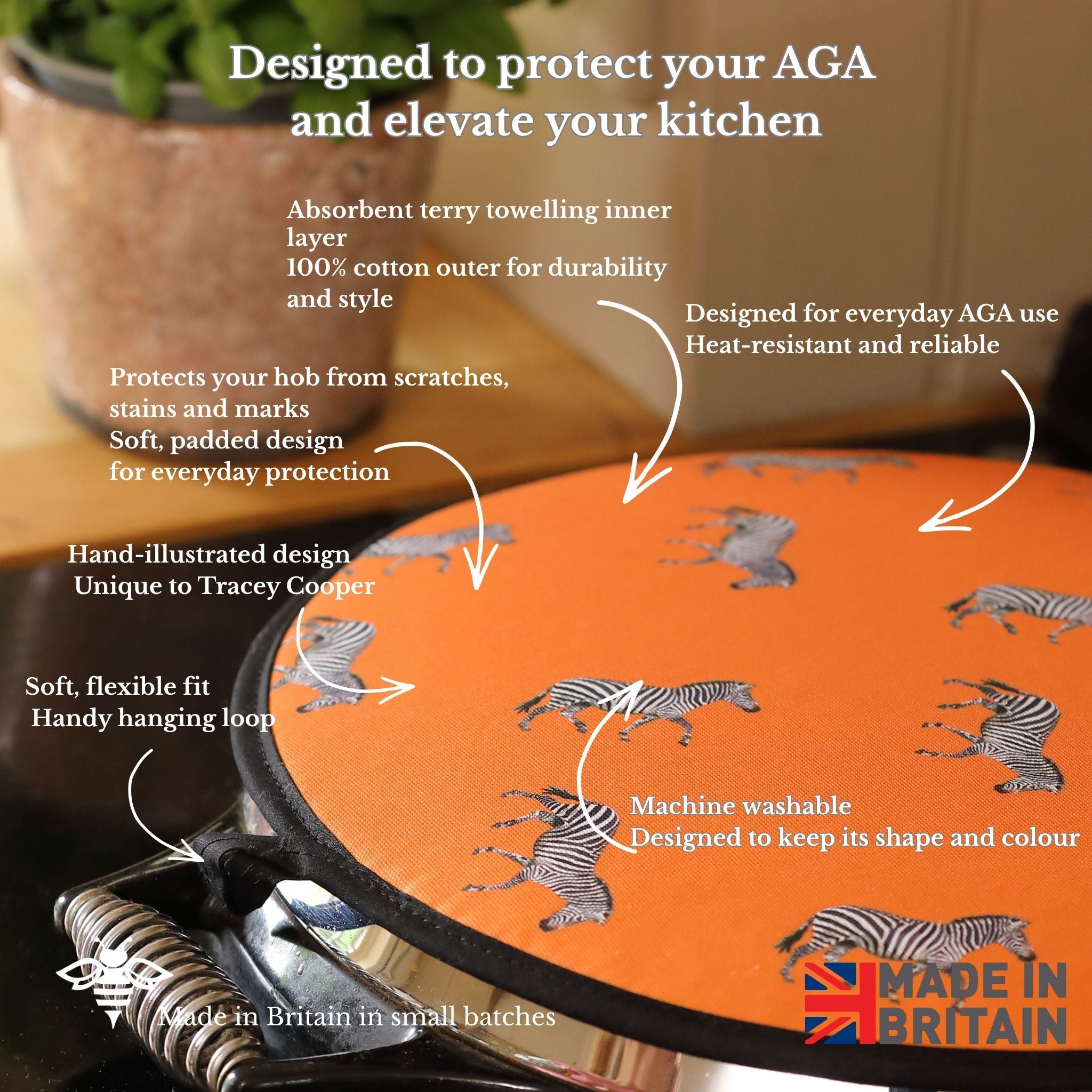Protective mat with zebra design on a kitchen counter, featuring text about its features.