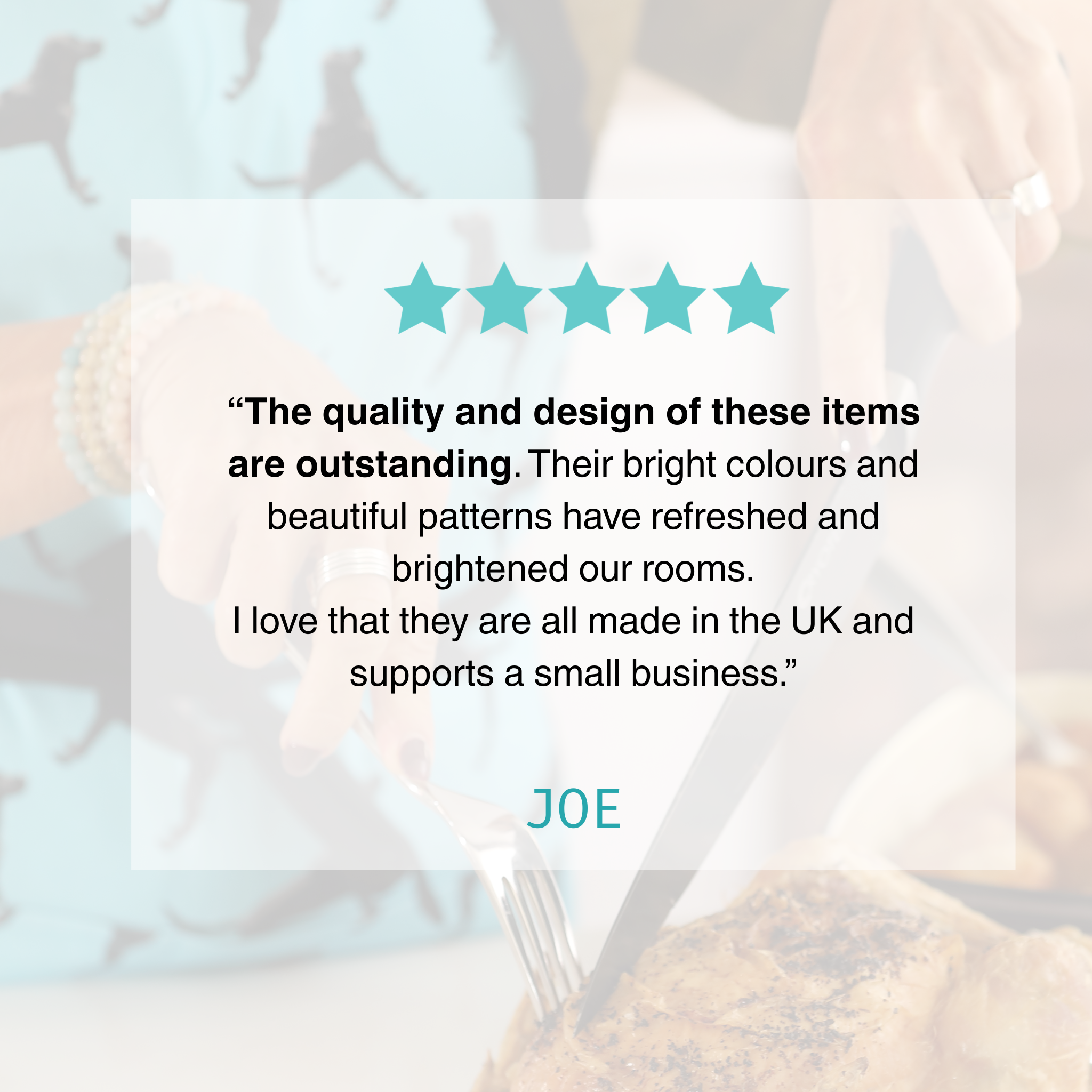 Customer review overlay on a hand-illustrated apron being worn while cooking in a kitchen